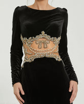 Black Long Sleeve Sheer Embellished Velvet Gown